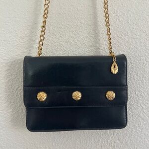 VINTAGE purse / gold chain medallion black leather crossbody bag